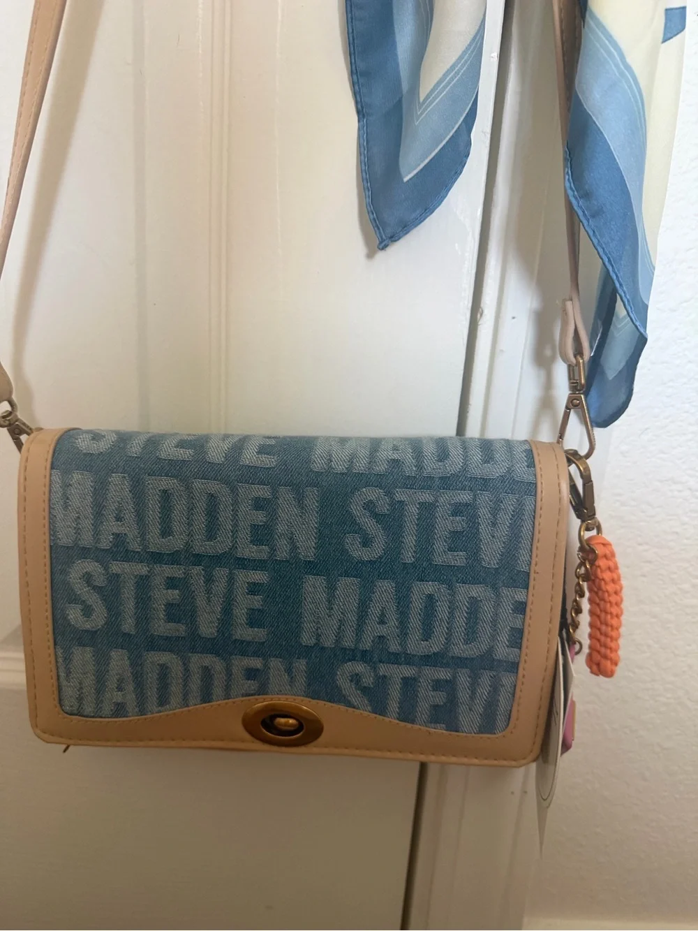 Steve Madden Blue Logo Crossbody with Tan Strap and Scarf Accent